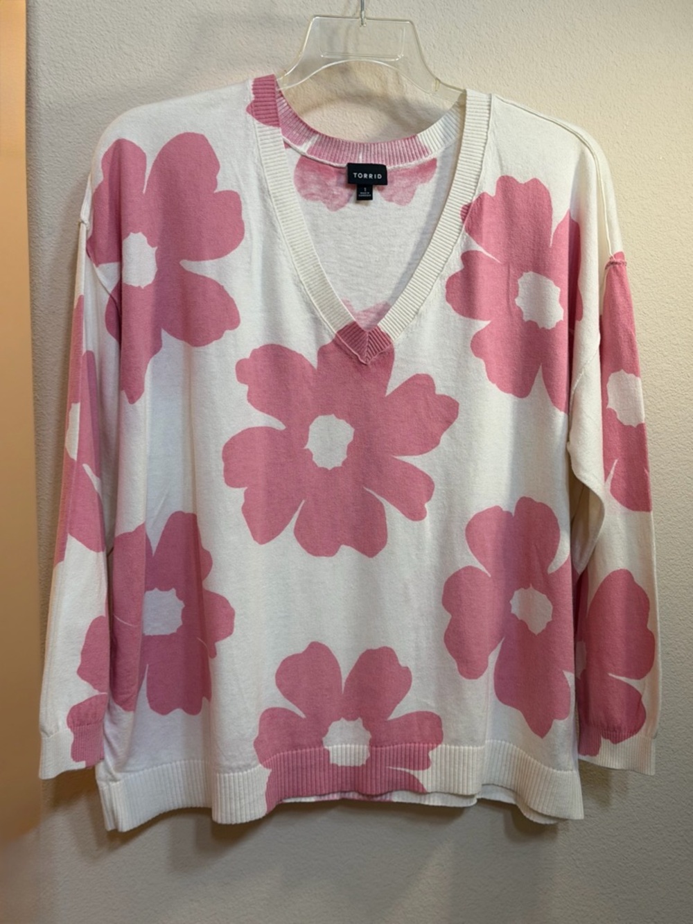 Torrid White Sweater with Pink Floral V-Neck